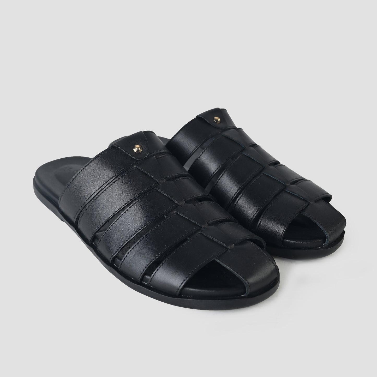 black leather slippers