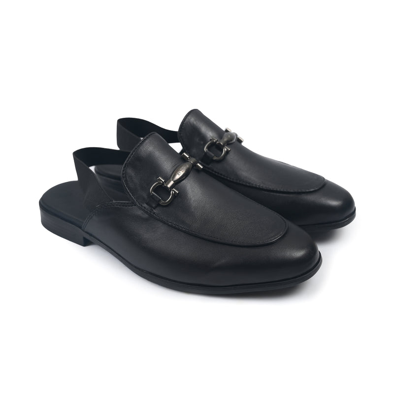 BLACK LEATHER BACKLESS MULE