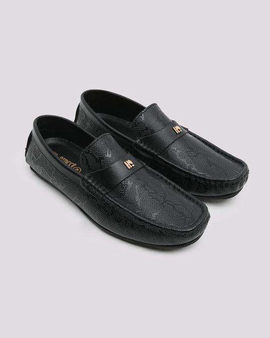 Black Textured Leather Moccasins