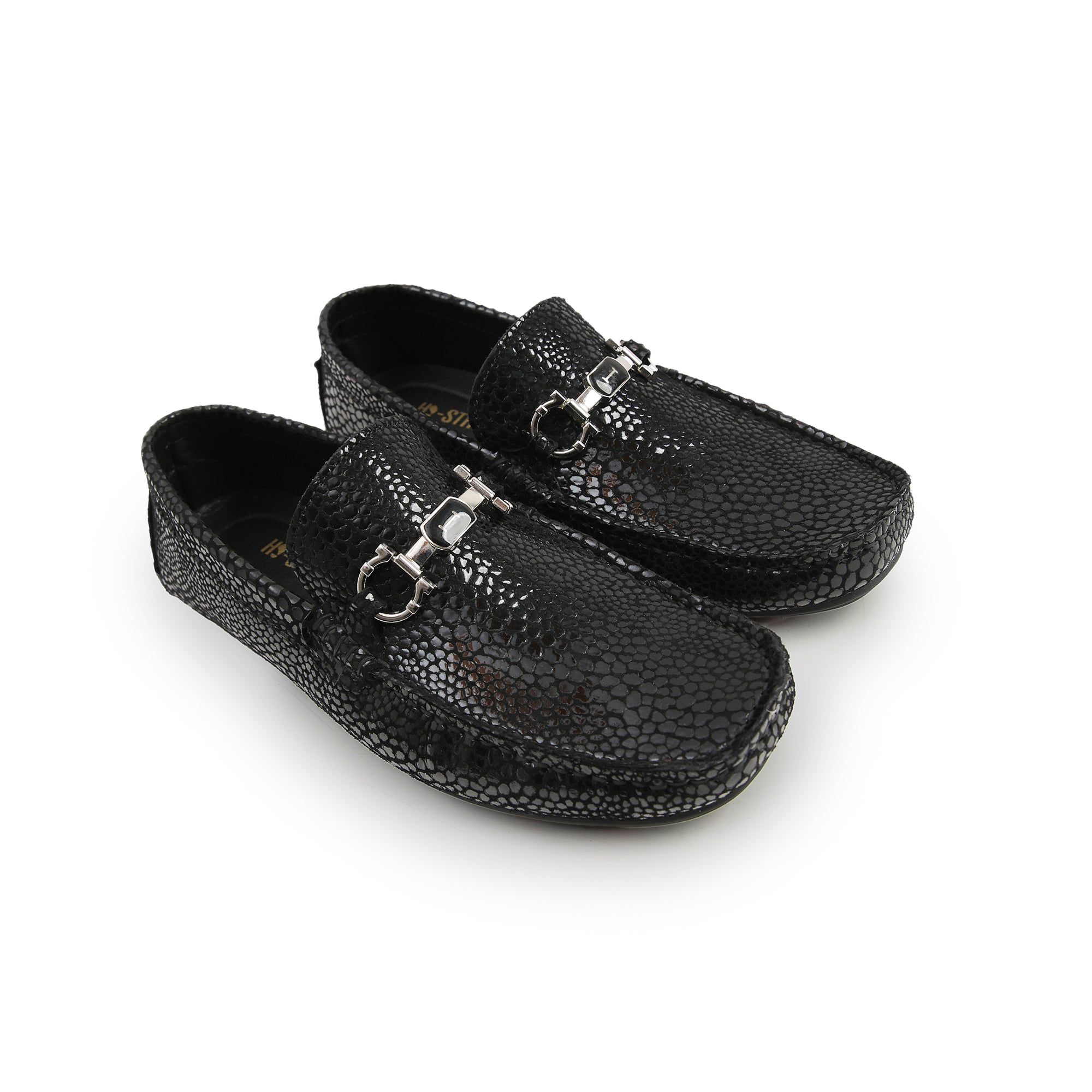 BLACK TEXTURED LEATHER MOCCASINS