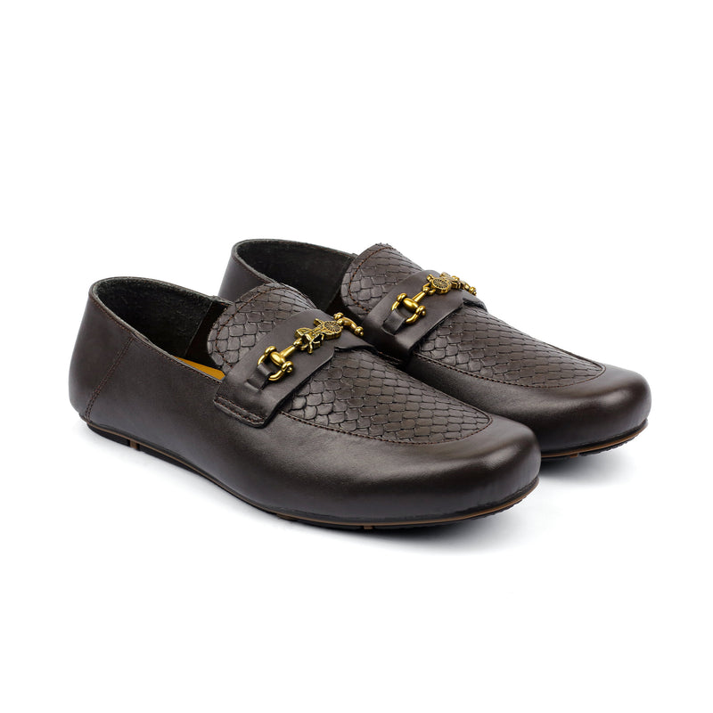 BROWN TEXTURED LEATHER MOCCASIN