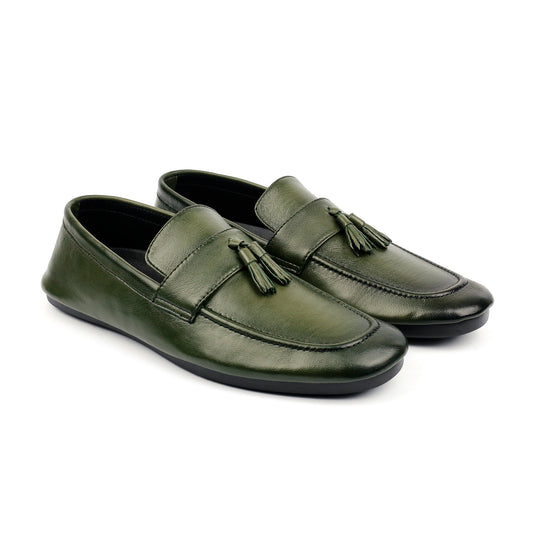 OLIVE LEATHER TASSEL LOAFER
