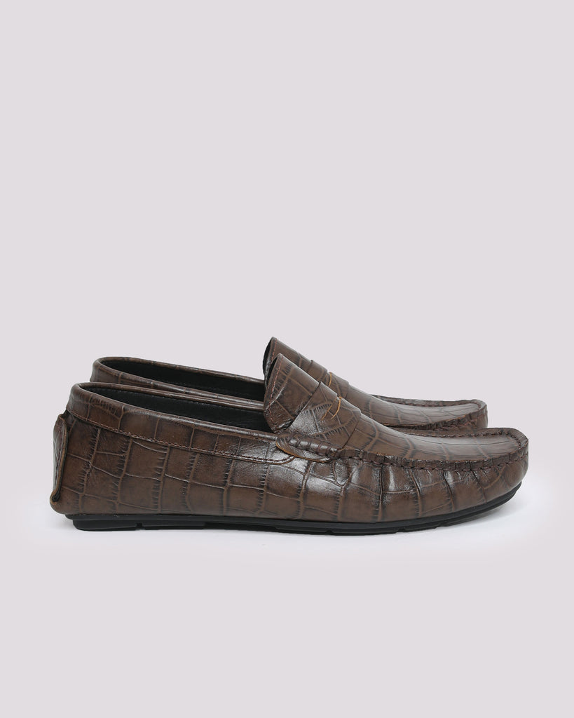COFFEE TEXTURED LEATHER MOCCASIN