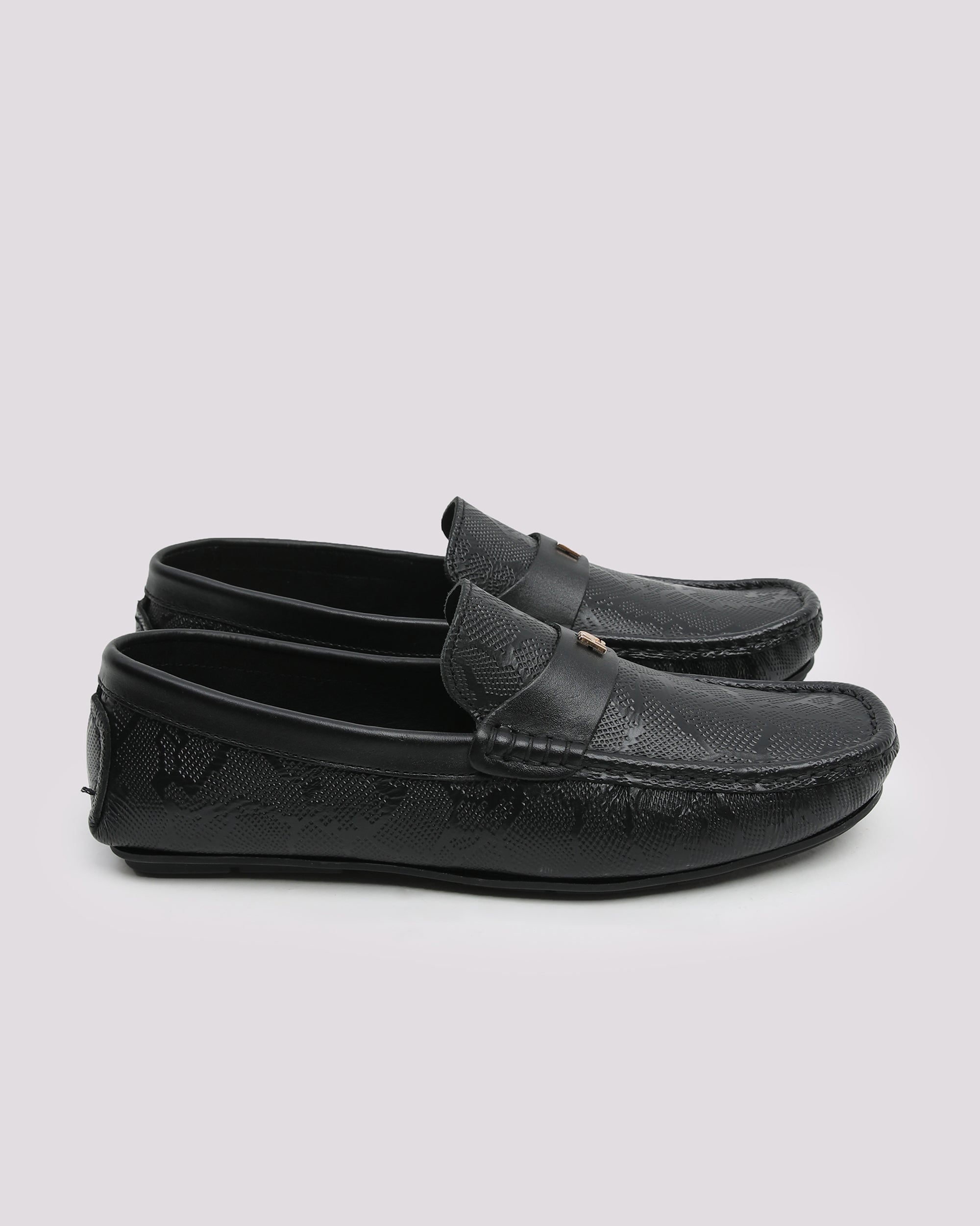 Black Textured Leather Moccasins