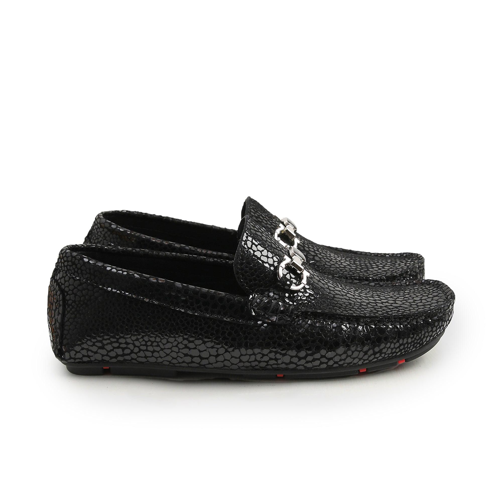 BLACK TEXTURED LEATHER MOCCASINS