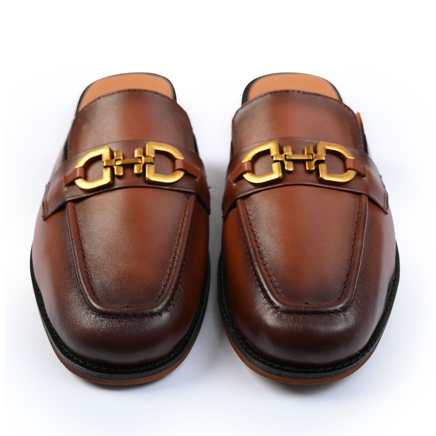 SOLID BUCKLE BROWN LEATHER MULE