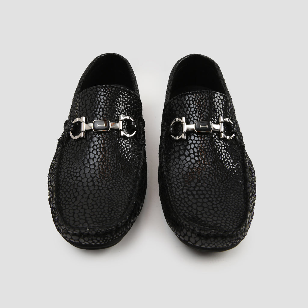 BLACK TEXTURED LEATHER MOCCASINS