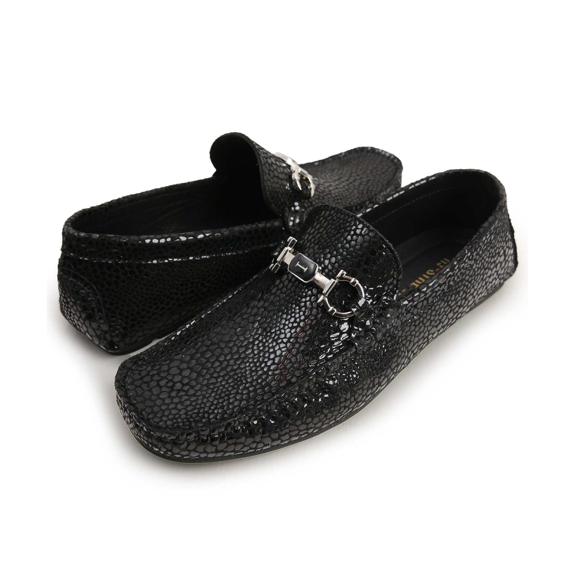 BLACK TEXTURED LEATHER MOCCASINS