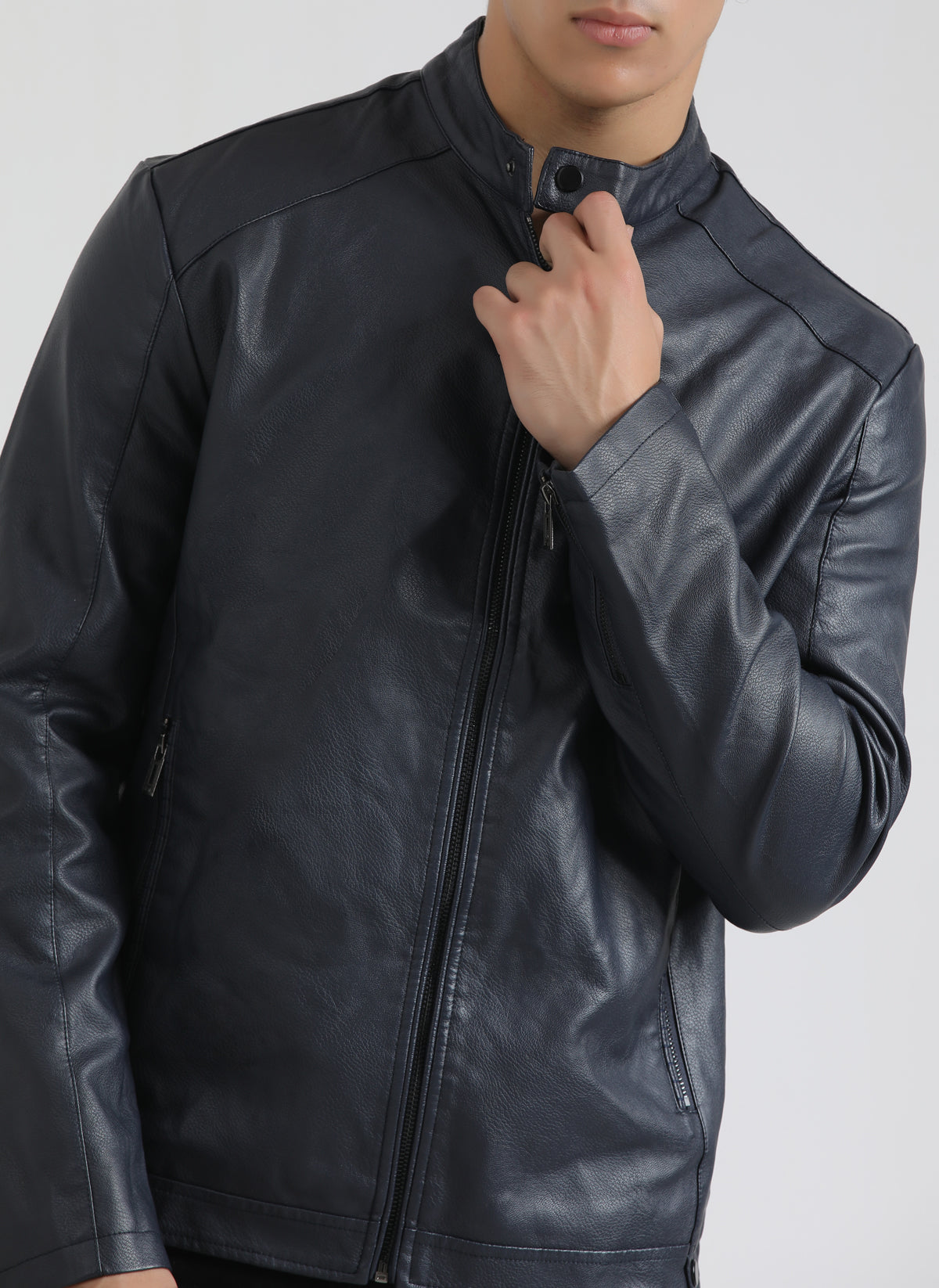 NAVY FAUX LEATHER JACKET
