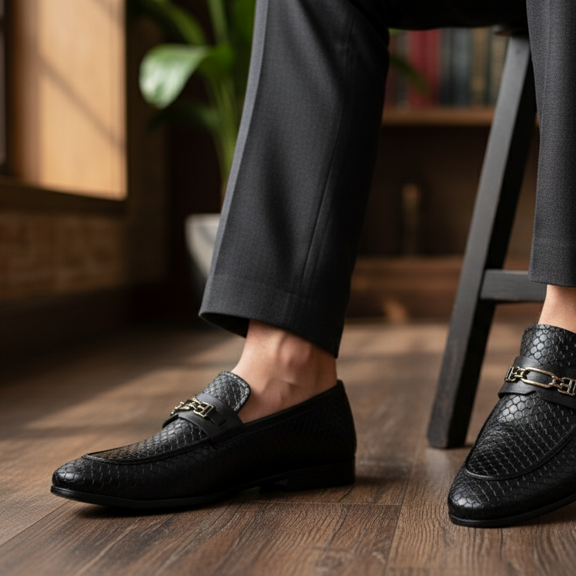 BLACK TEXTURED LEATHER SHOES