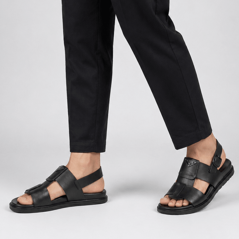 BLACK ANILINE LEATHER SANDAL - Hi-Street