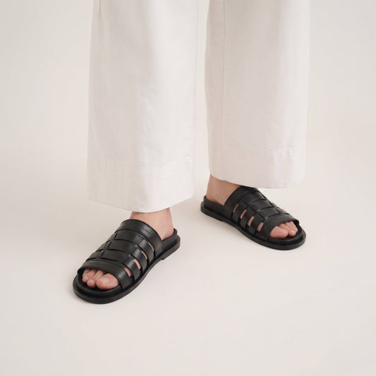 BLACK ANILINE LEATHER SLIPPER - Hi-Street