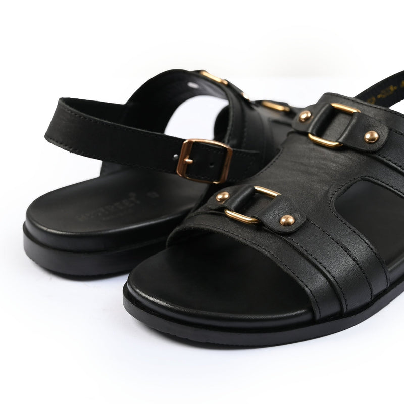 BLACK LEATHER COMFORT SANDAL - Hi-Street