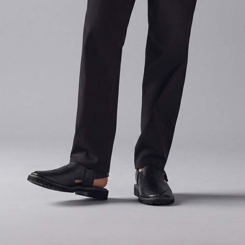BLACK LEATHER TRADITIONAL SANDAL - Hi-Street