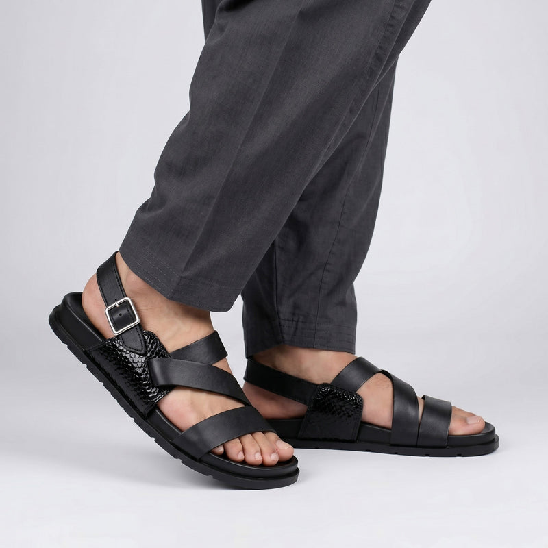 BLACK SPLIT LEATHER SANDAL - Hi-Street