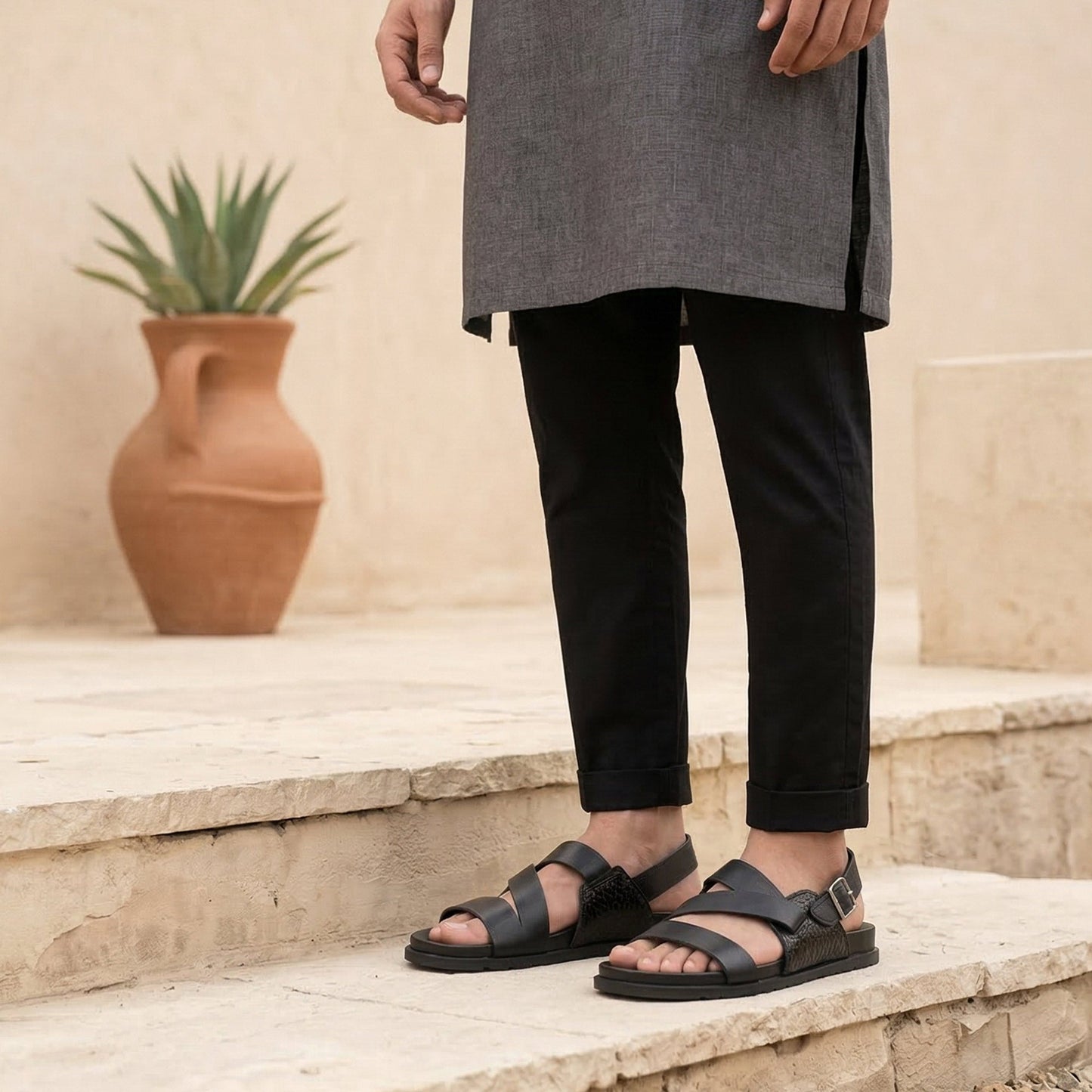 BLACK SPLIT LEATHER SANDAL - Hi-Street