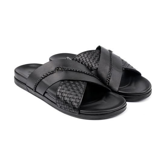 BLACK TEXTURE LEATHER SLIPPER - Hi-Street