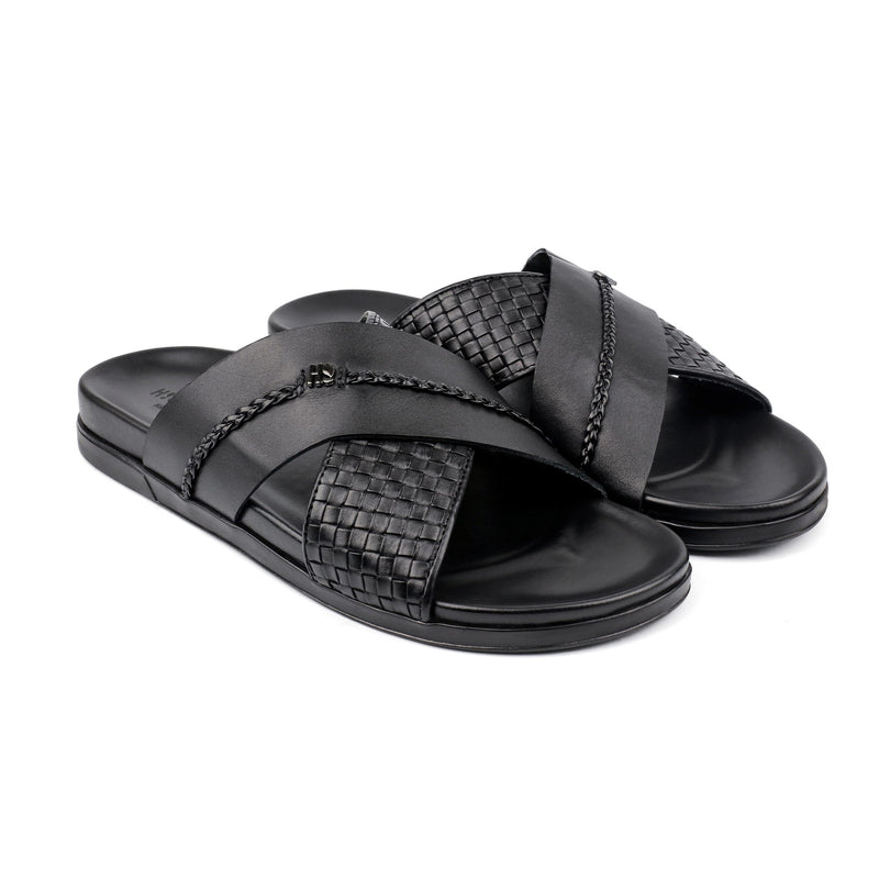 BLACK TEXTURE LEATHER SLIPPER - Hi-Street
