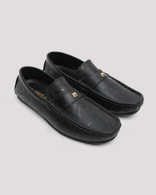 Black Textured Leather Moccasins - Hi-Street