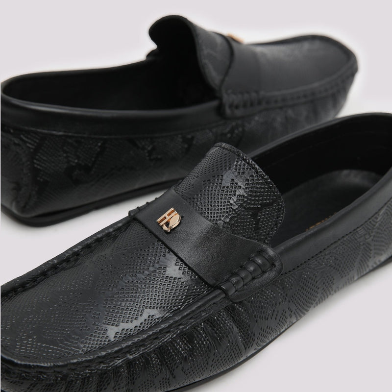 Black Textured Leather Moccasins - Hi-Street