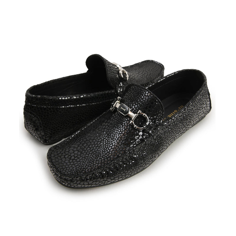 BLACK TEXTURED LEATHER MOCCASINS - Hi-Street