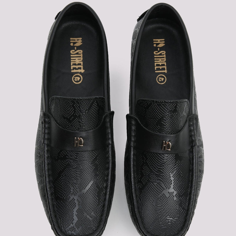 Black Textured Leather Moccasins - Hi-Street