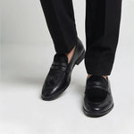 BLACK TEXTURED LEATHER PENNY LOAFERS - Hi-Street