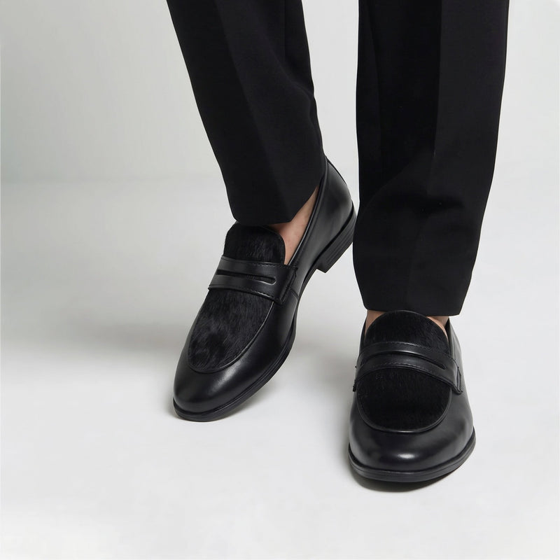 BLACK TEXTURED LEATHER PENNY LOAFERS - Hi-Street