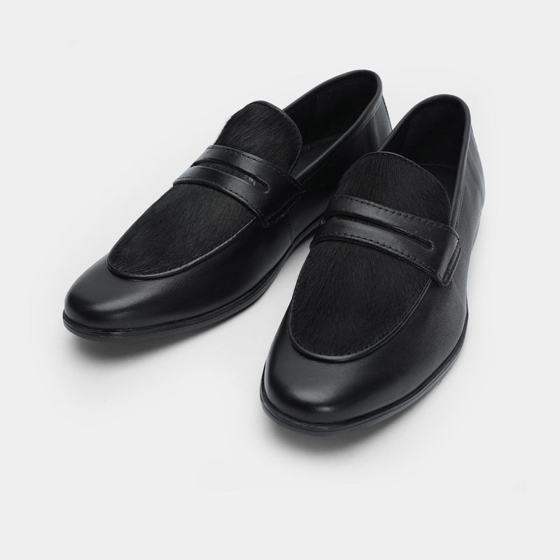 BLACK TEXTURED LEATHER PENNY LOAFERS - Hi-Street