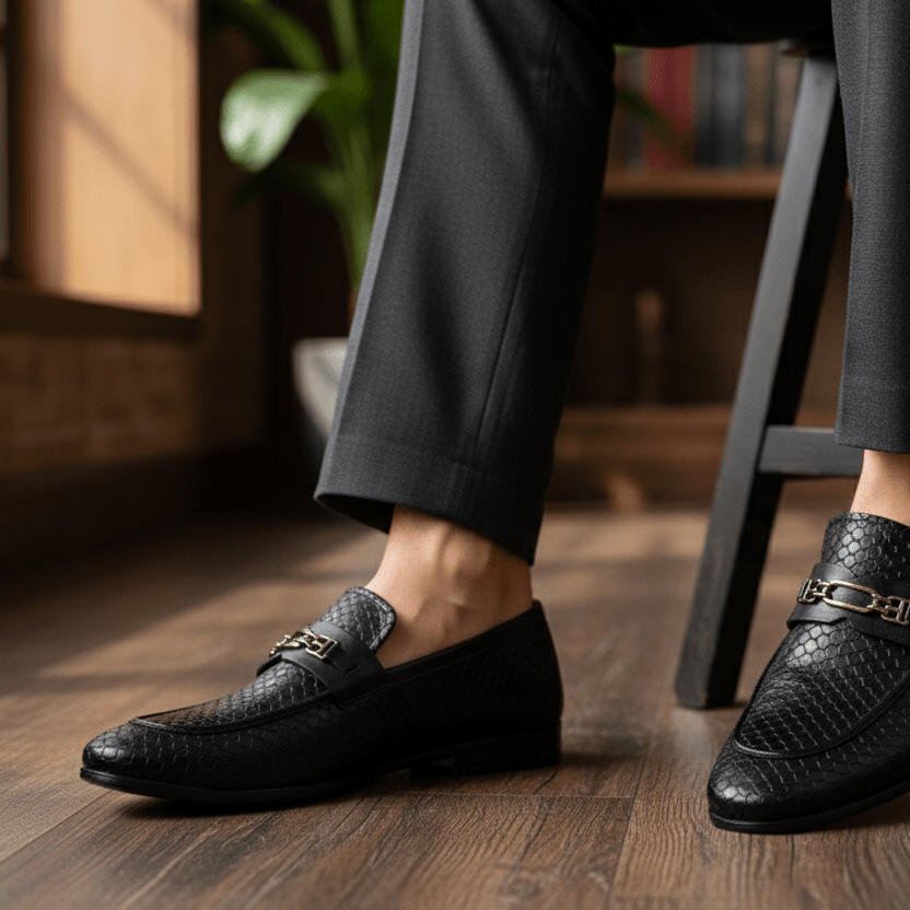 BLACK TEXTURED LEATHER SHOES - Hi-Street