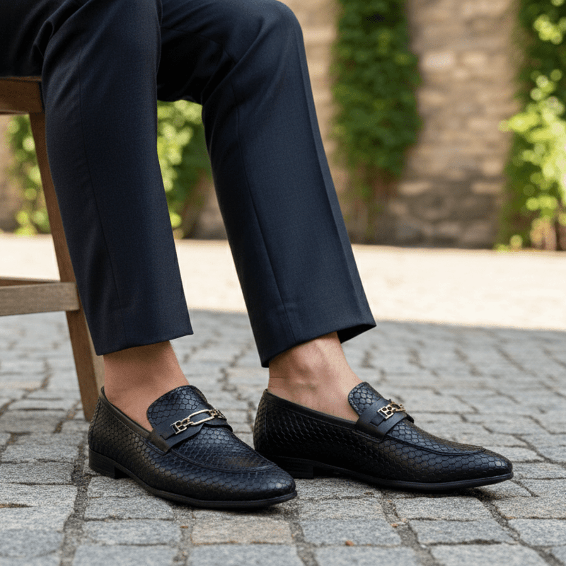 BLACK TEXTURED LEATHER SHOES - Hi-Street