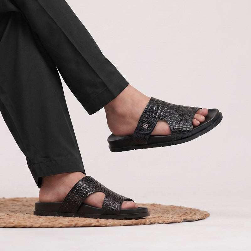 BLACK TWXTURED LEATHER SLIPPER - Hi-Street