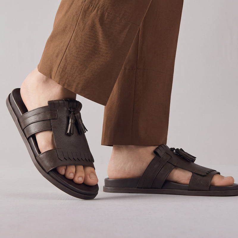 BROWN LEATHER TASSEL SLIPPER - Hi-Street