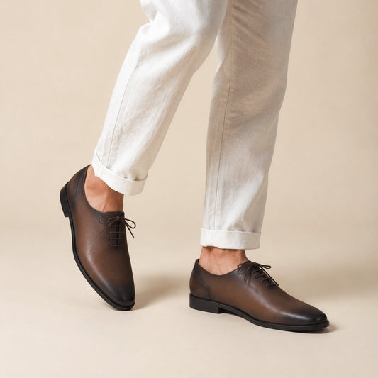 BROWN PLAIN LEATHER LACE-UP SHOES - Hi-Street