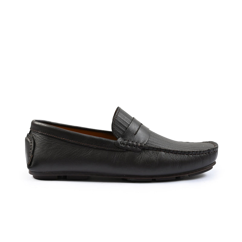 COFFEE TEXTURED LEATHER MOCCASIN - Hi-Street