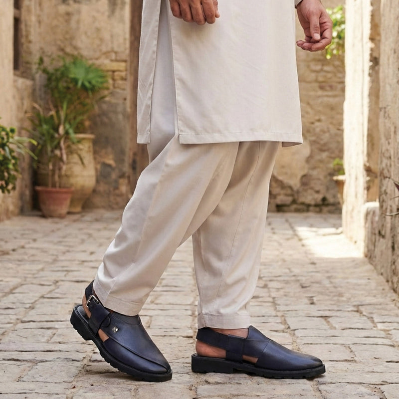 NAVY LEATHER TWO TONE SANDAL - Hi-Street