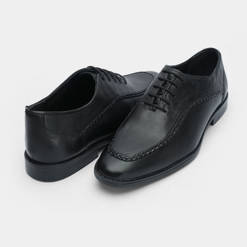 PLAIN BLACK LEATHER LACE UP SHOES - Hi-Street