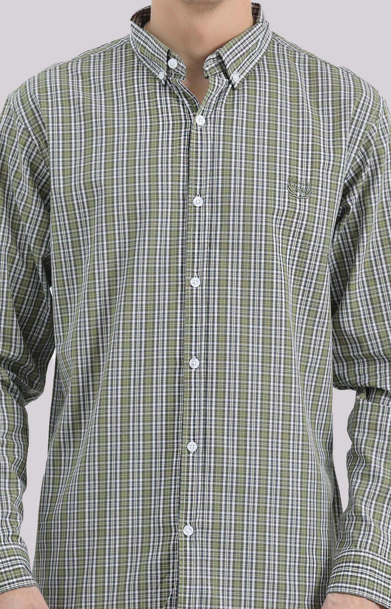 OLIVE CHECKERED BUTTON DOWN SHIRT